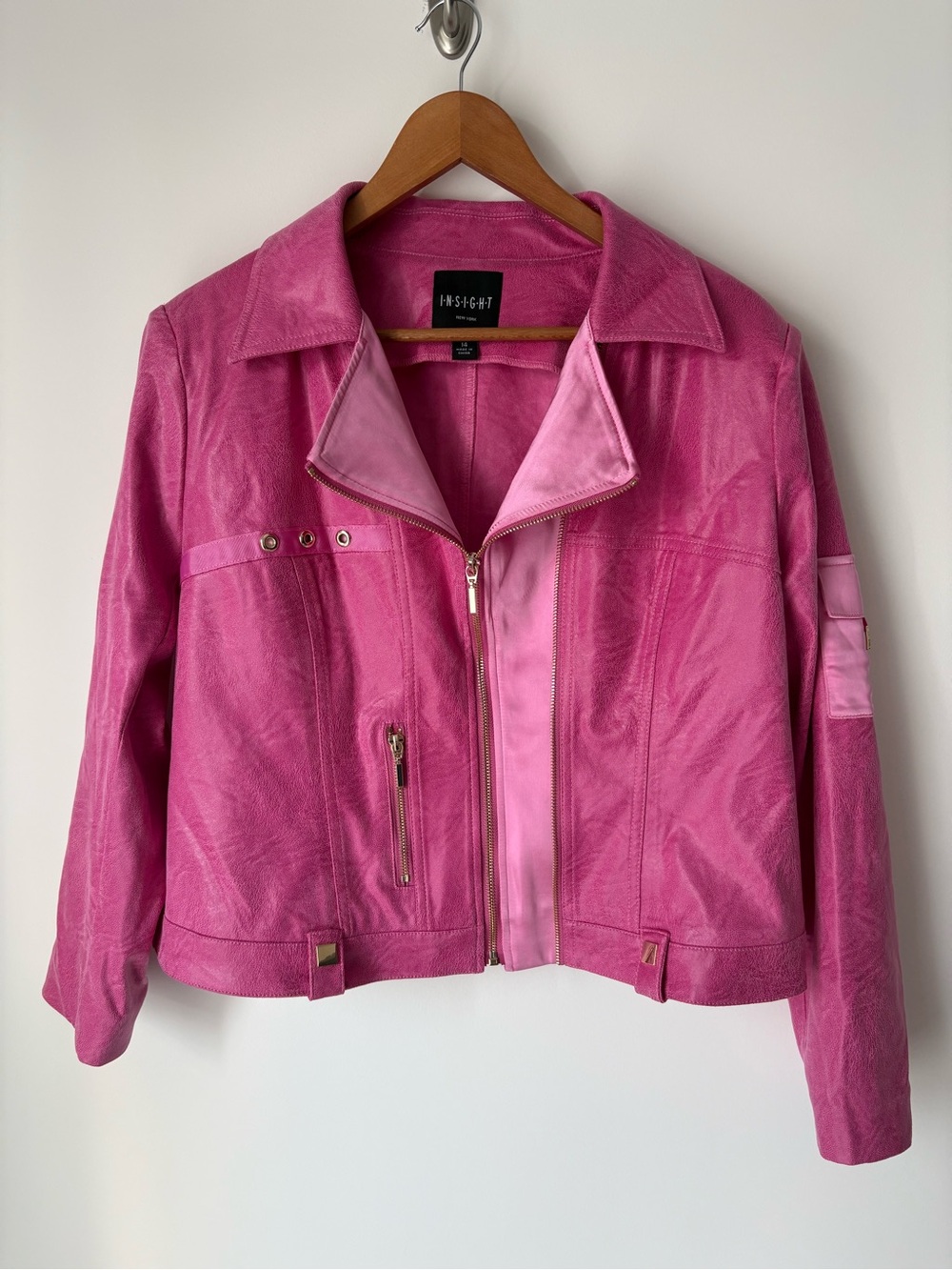 Insight Pink Faux Leather stretch Zip Bomber Jacket